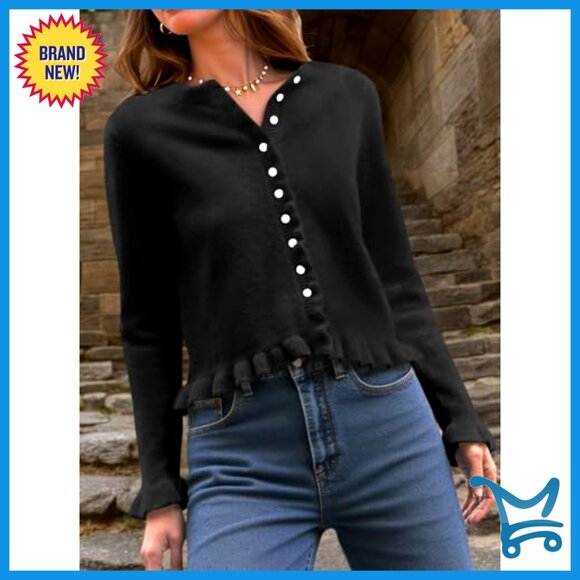 Cropped Cardigan Sweater Long Sleeve Ruffle Crew Neck Button Up Soft Knit - Picture 3 of 7